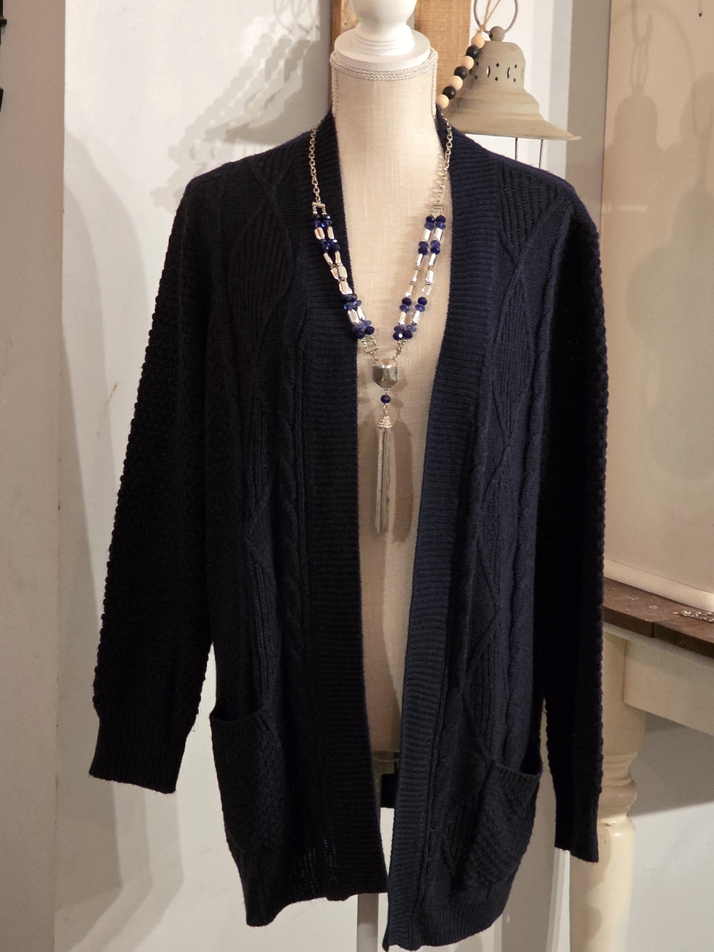 Open-Front Navy Cable Knit Cardigan Sweater